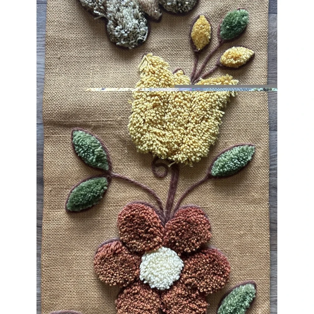 VTG 1970S Latch Hook Wall Hanging Butterfly Floral Boho Burlap Mcm Textile Art